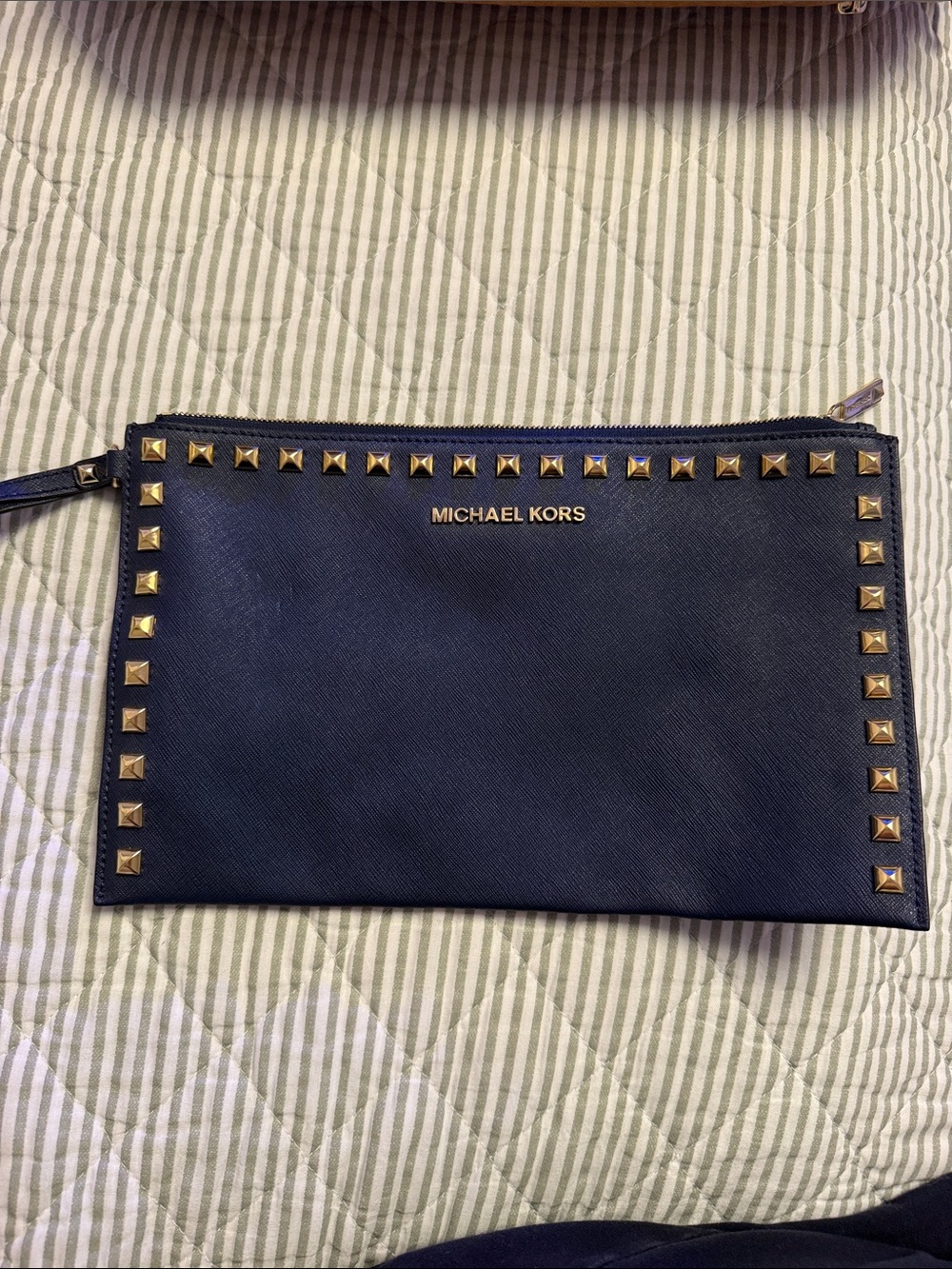 Michael Kors Navy Leather Wristlet with Gold Studs